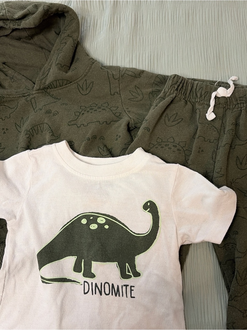 Kids Dinomite Pajama Set - White & Olive Green